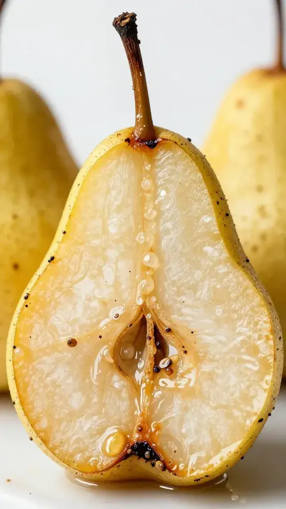 closeup roasted anjou pear with vanilla bean seeds
