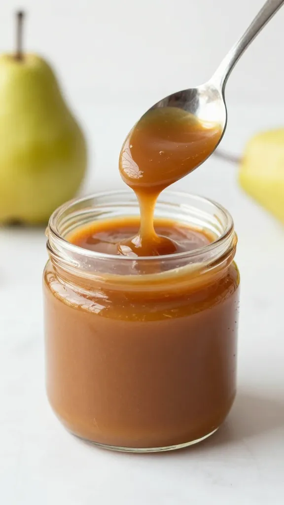 spoonful of pear caramel sauce, shallow depth