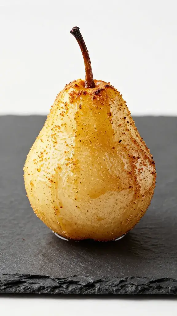 cinnamon-dusted roasted pear on black slate