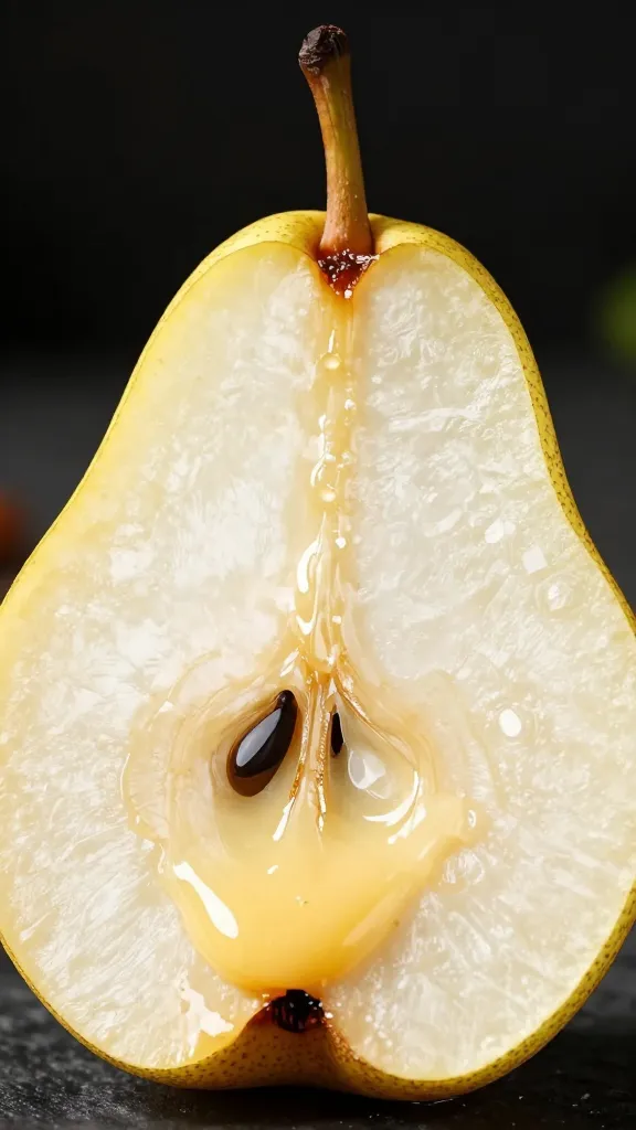 closeup pear half with browned butter pooling