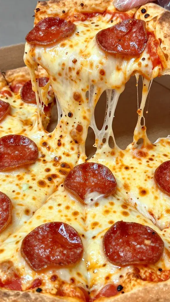 closeup pepperoni pizza bomb torn open, molten cheese pull