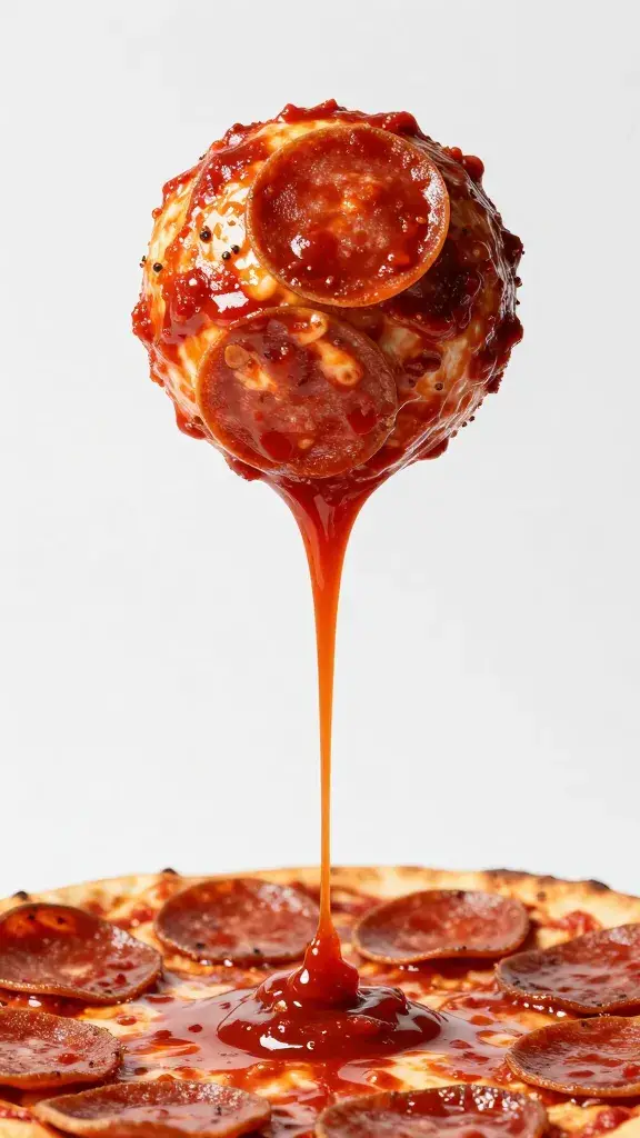 pepperoni pizza bomb dipped in marinara, drip frozen midair