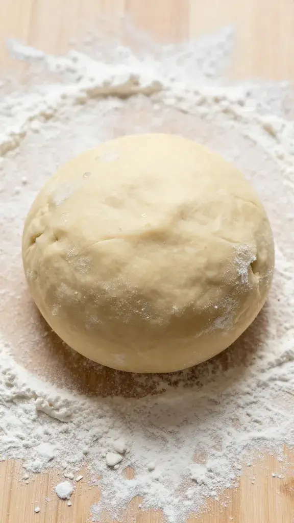 unbaked stuffed dough ball on floured board, visible seam