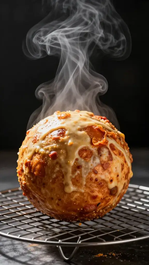 single pizza bomb on wire rack, steam rising