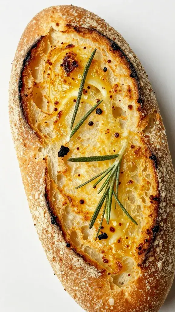 closeup boule of rosemary roasted garlic bread, crackly crust