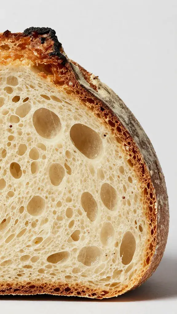 sliced artisan loaf heel showing chewy open crumb