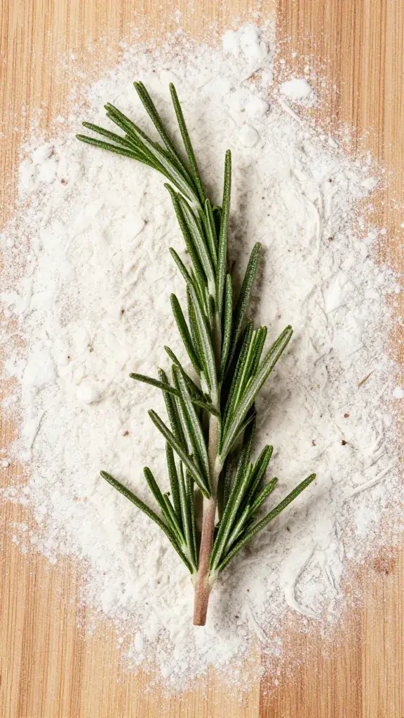 sprig of fresh rosemary on floured wooden board