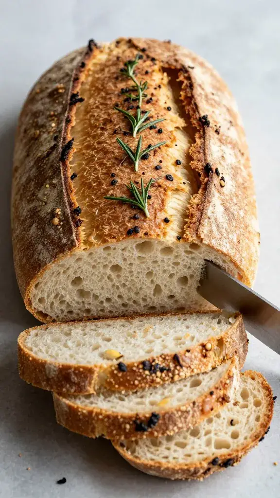bread knife cutting through crusty rosemary garlic loaf