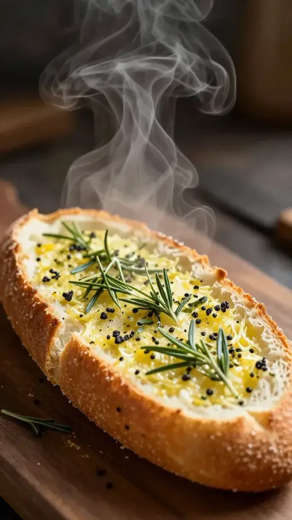 steam rising from torn rosemary garlic bread interior
