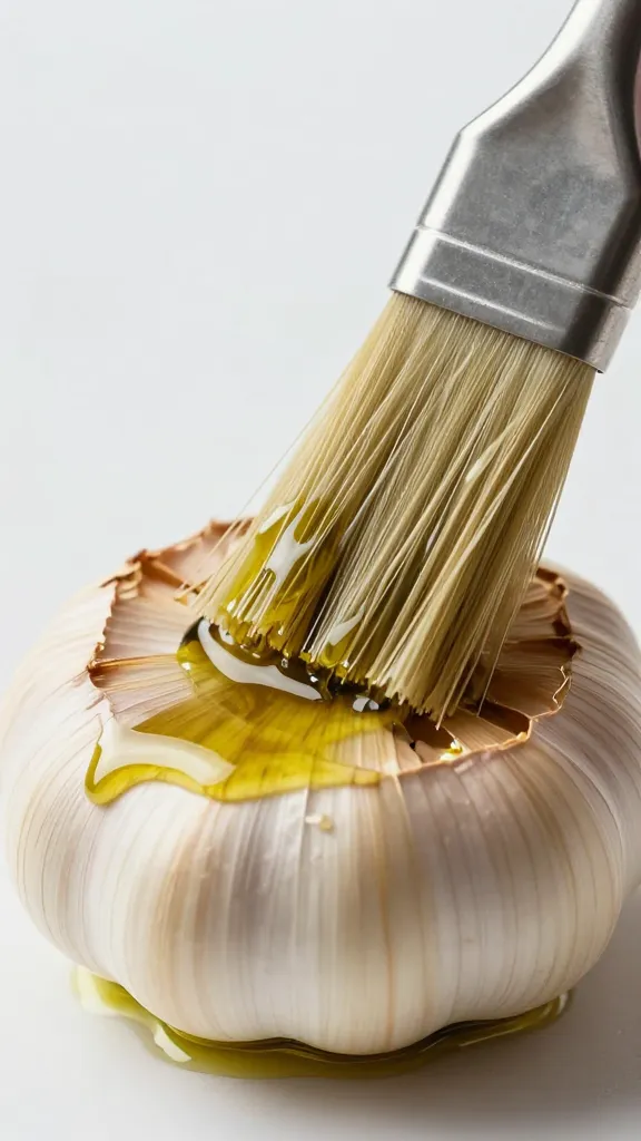 brushed olive oil on garlic bulb before roasting, macro
