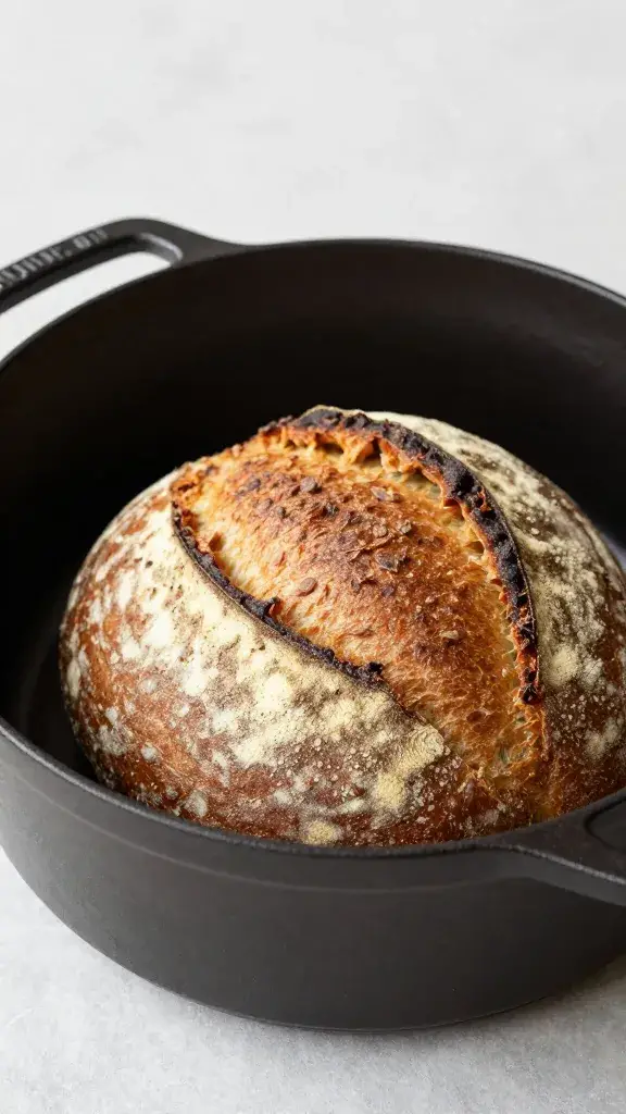 cast-iron dutch oven holding single baked artisan loaf
