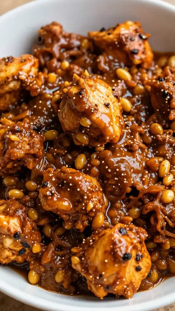 closeup bowl of chicken bhuna with glossy clingy masala