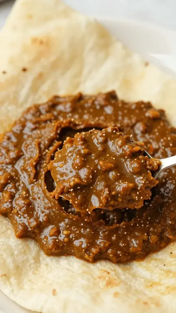 naan wedge dipped in thick bhuna gravy, closeup