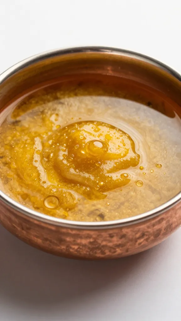 single copper bowl of bhuna, oil beads shimmering