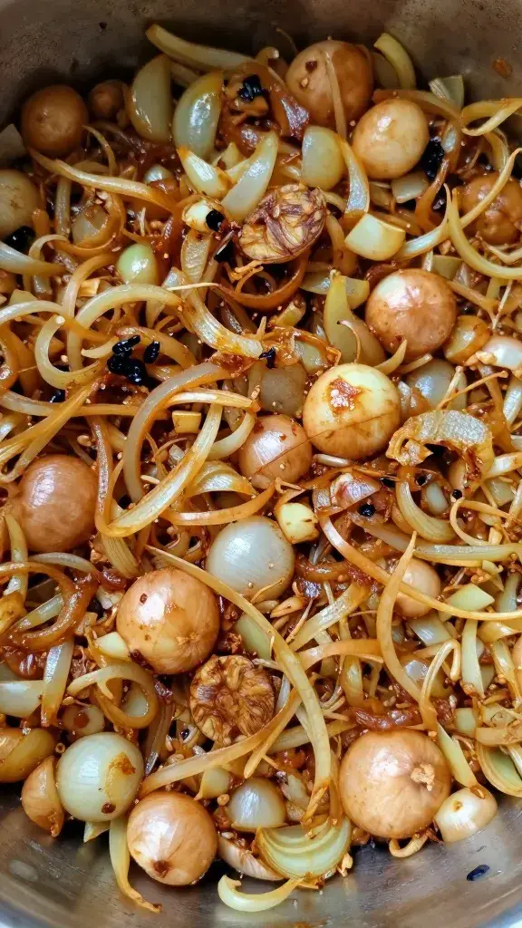 tight shot of browned onions transforming into bhuna base