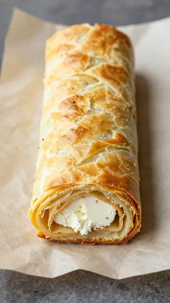 single golden feta roll on parchment, flaky layers visible