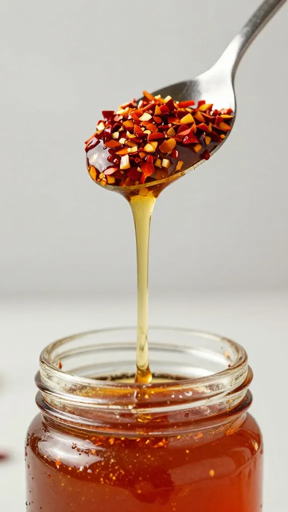 spoon lifting chili-infused honey, chili flakes suspended