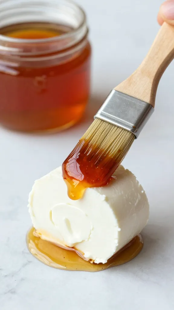 pastry brush coated in chili honey above feta roll