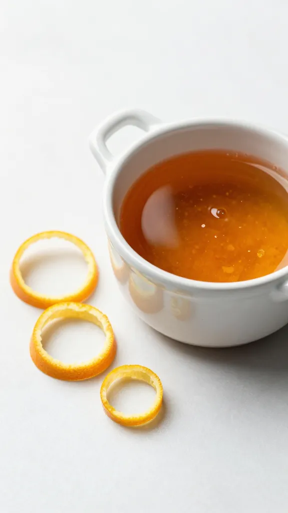 citrus zest curls beside small pot of warm chili honey