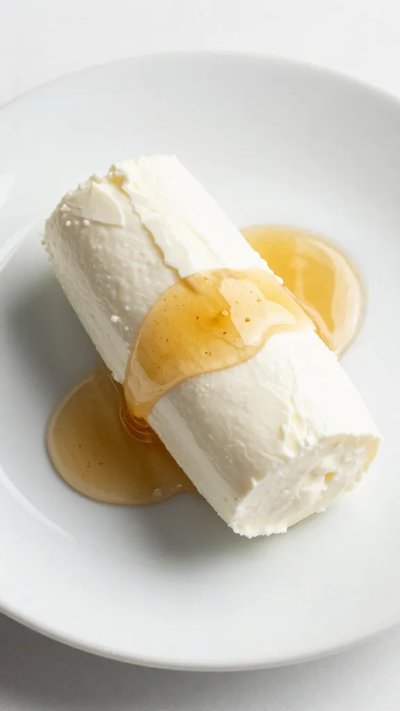 white plate holding one feta roll with honey trail
