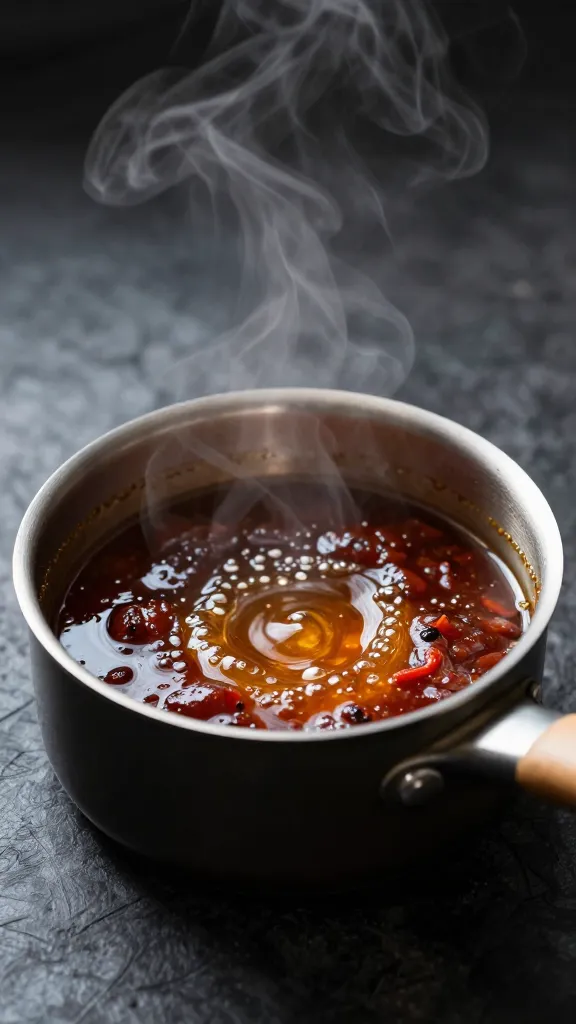 small saucepan of simmering chili honey, steam rising