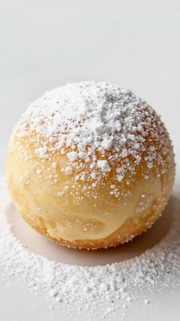 single Italian cream bomb dusted with powdered sugar, macro