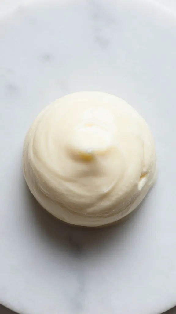 single Italian cream bomb on marble slab, overhead closeup