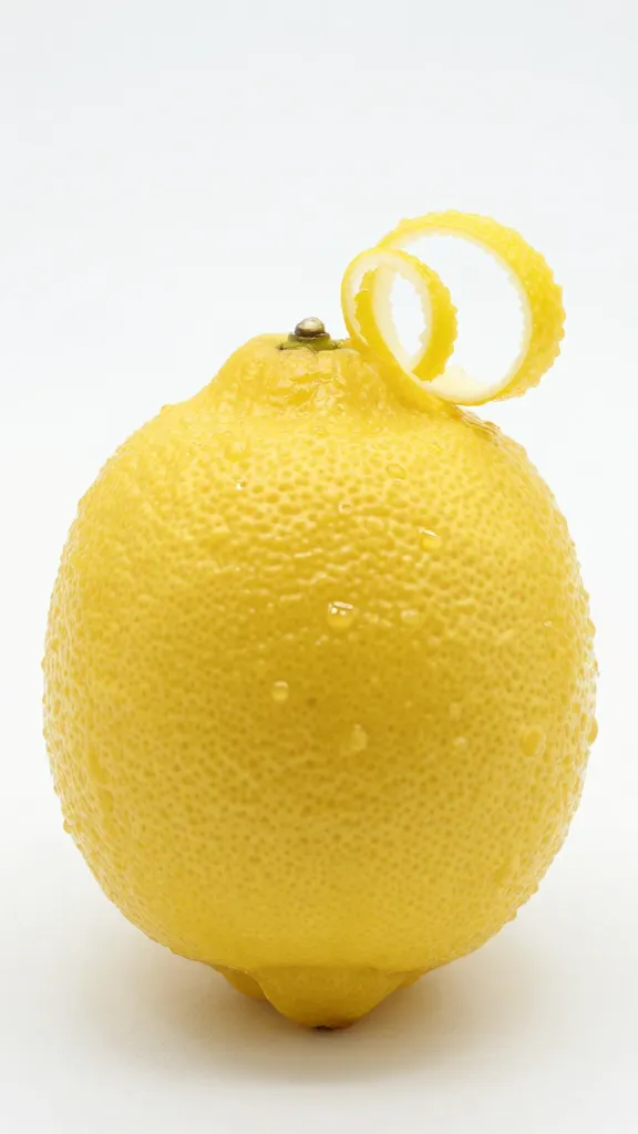 single fresh Meyer lemon with zest curls, macro