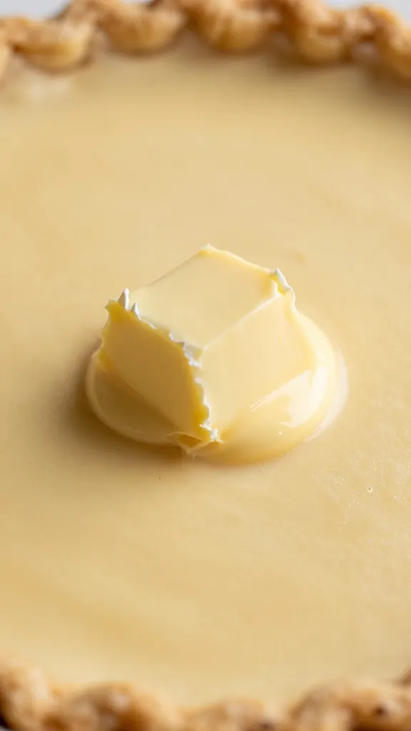 pat of melted butter pooling on pie batter, macro