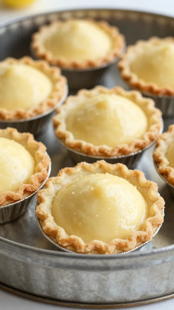 vintage fluted tart tin holding mini lemon pie, closeup