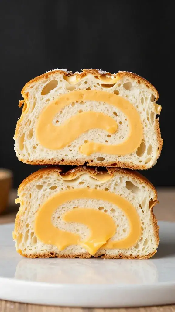 torn slice showing chewy crumb and cheese swirl