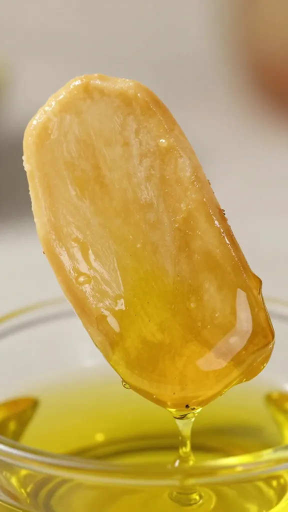 single warm slice dipped in olive oil closeup
