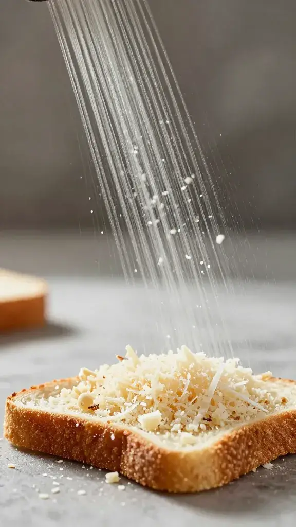parmesan shower falling onto hot bread slice