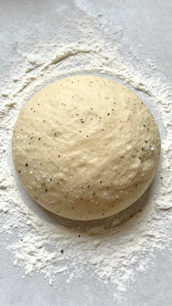 dough ball speckled with herbs on floured surface
