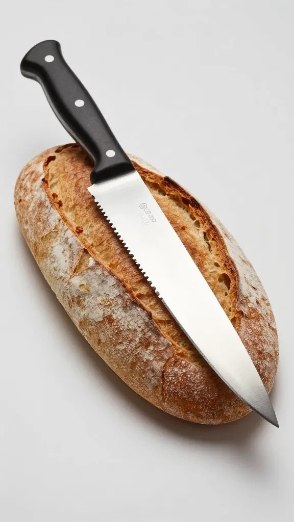 bread knife resting on single loaf end