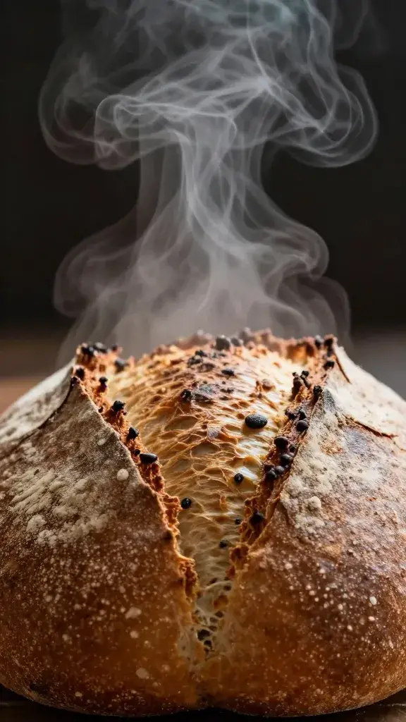 steam rising from freshly cracked loaf center