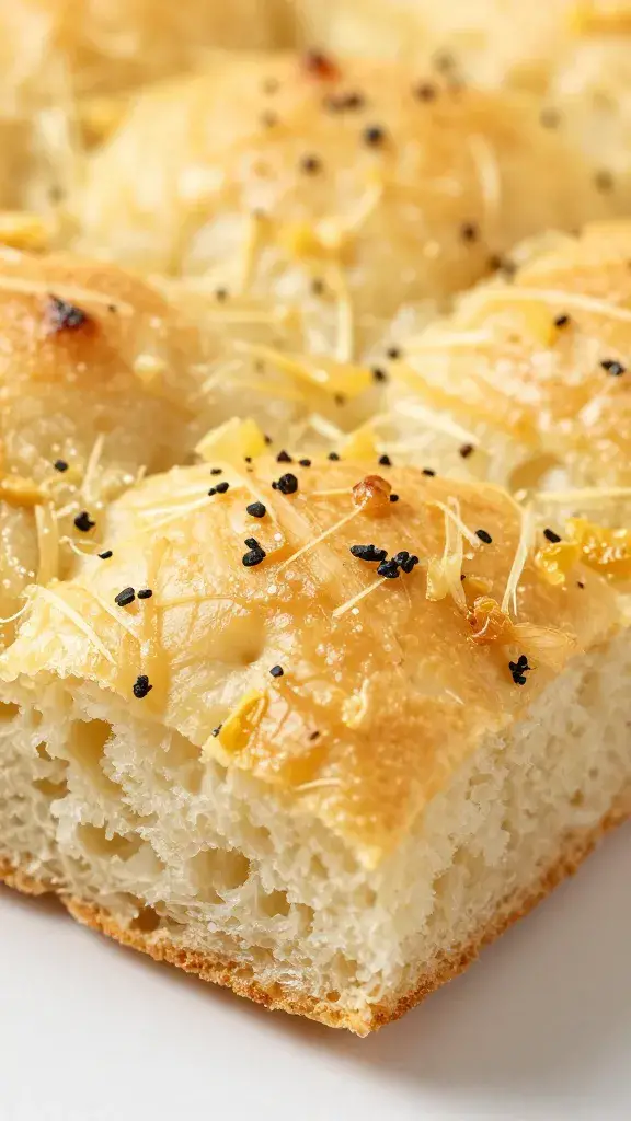 closeup of golden garlic parmesan focaccia corner slice