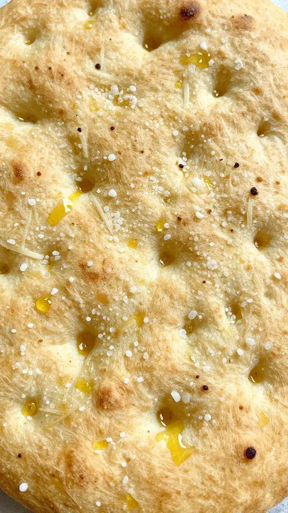 olive oil-dimpled focaccia surface with sea salt crystals