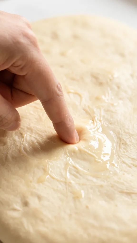 fingertip pressing dimples into glossy focaccia dough