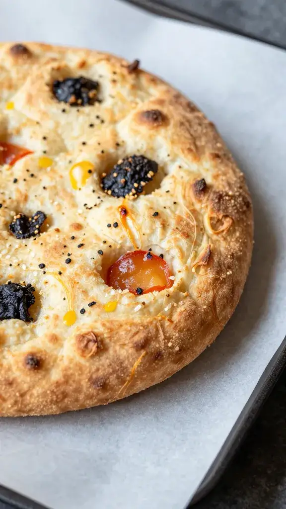 cast-iron focaccia wedge on parchment, crust detail
