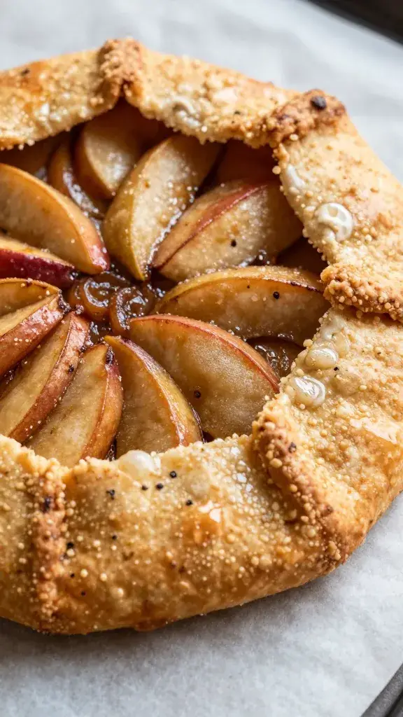 rustic cinnamon apple galette on parchment, closeup flaky crust