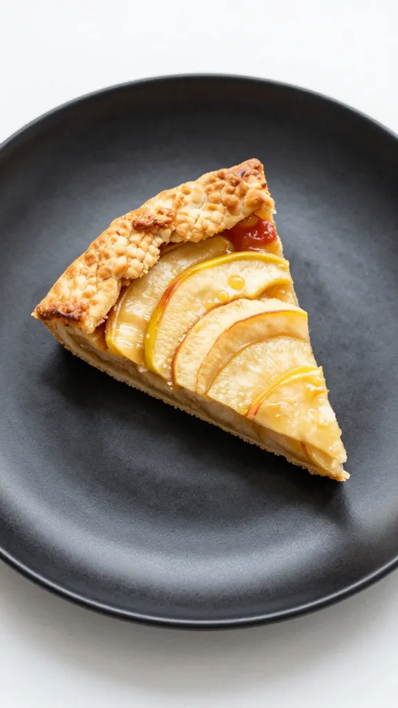 single slice of apple galette on matte black plate