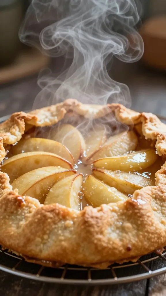 steam rising from warm apple galette, shallow depth