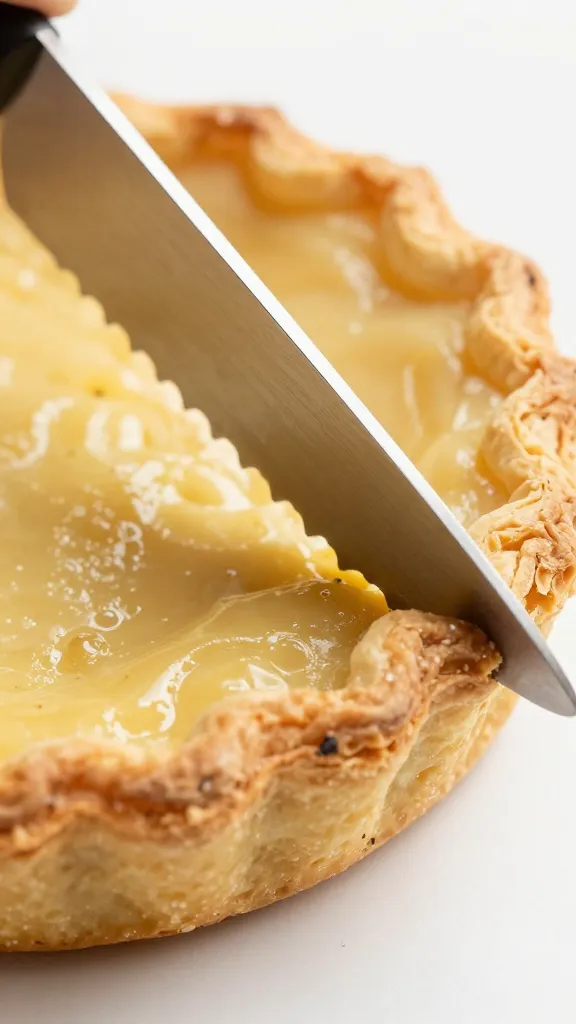 serrated knife cutting into flaky galette crust, closeup
