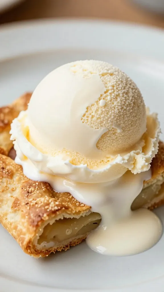 scoop of vanilla ice cream melting on galette slice