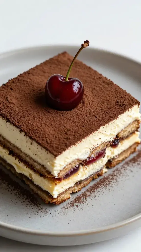closeup slice of cherry amaretto tiramisu on matte plate