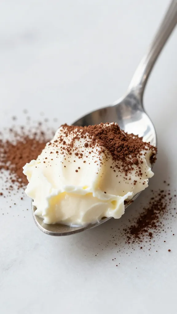 spoonful of mascarpone cream with cocoa dusting