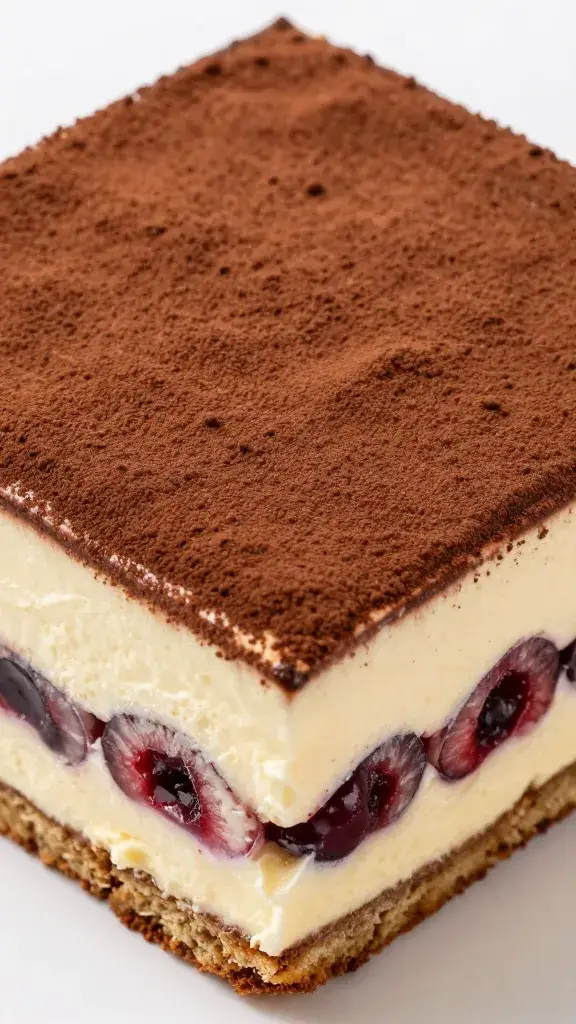 overhead tiramisu square with visible cherry layer