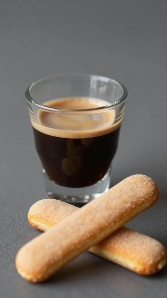 espresso shot glass beside ladyfinger, shallow focus