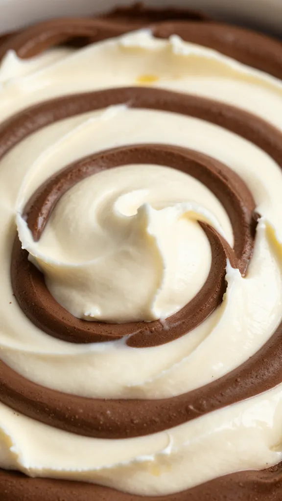 closeup swirl of mascarpone peaks, cocoa veil